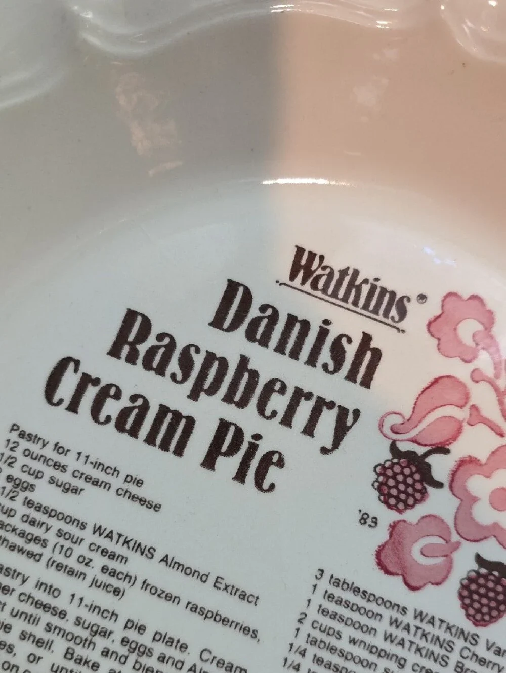 Vintage Watkins Danish Raspberry Cream Pie Plate